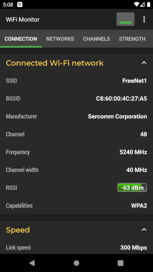 WiFi Monitor. Connection tab.