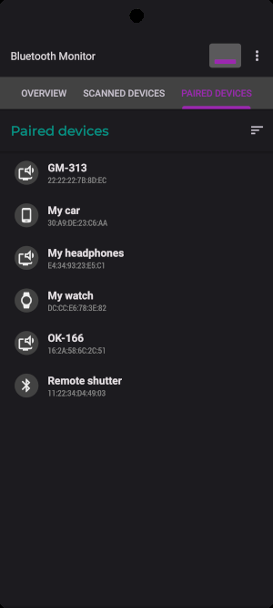 Bluetooth Monitor. Paired devices tab.